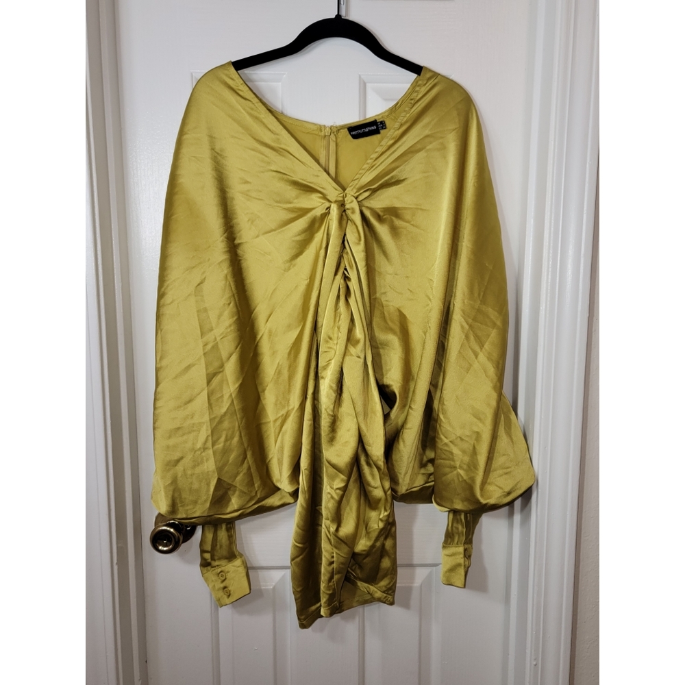 Olive Satin Batwing Gathered Bodycon Dress